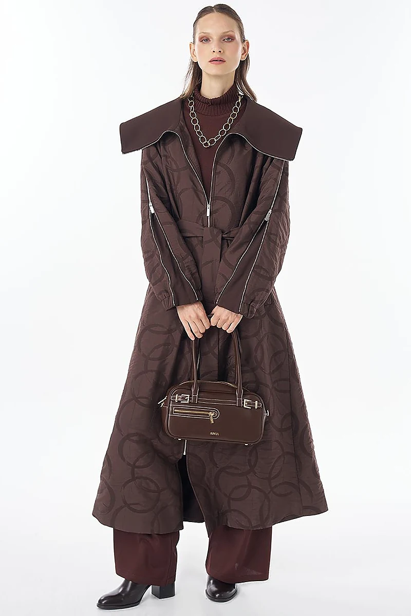 Patterned Zip-Detail Open Front Jacket Dark Brown