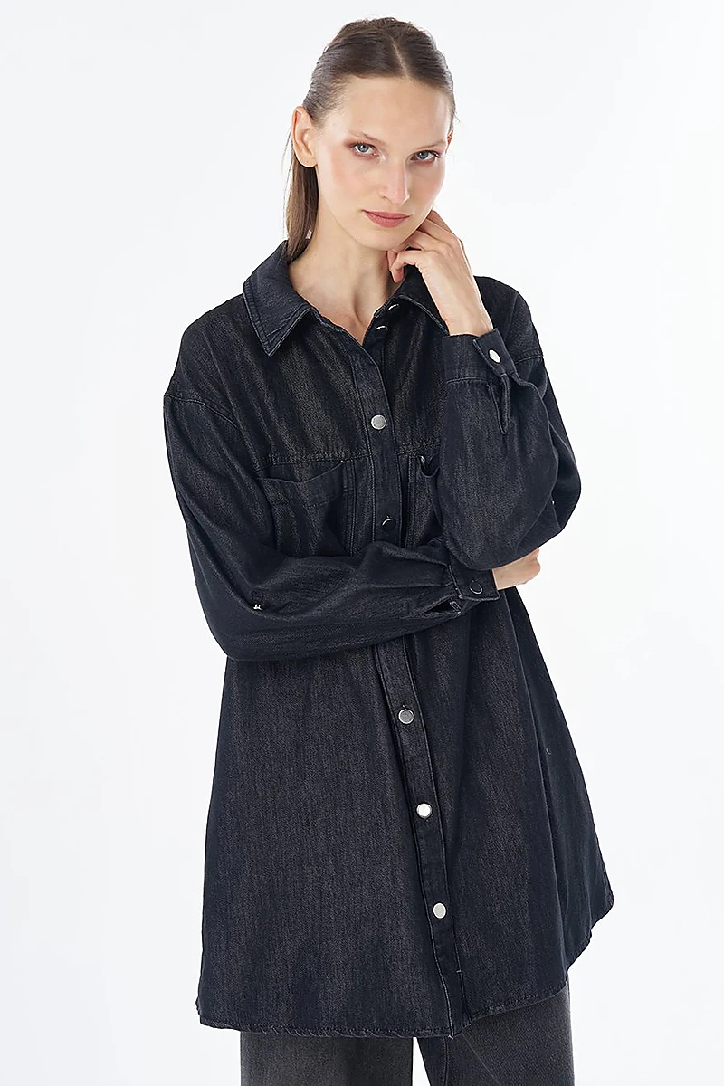 Washed Double-Pocket Denim Tunic - Anthracite