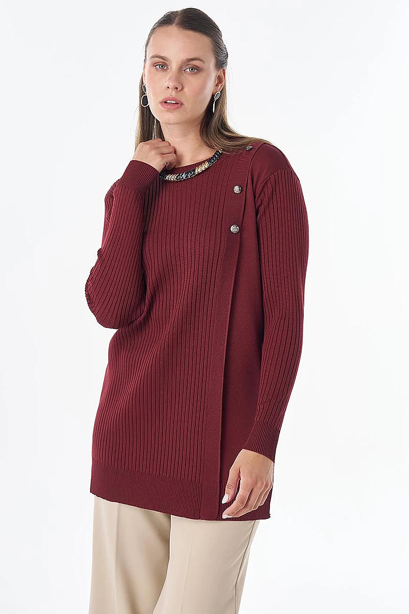 Button-Detail Knit Tunic - Burgundy
