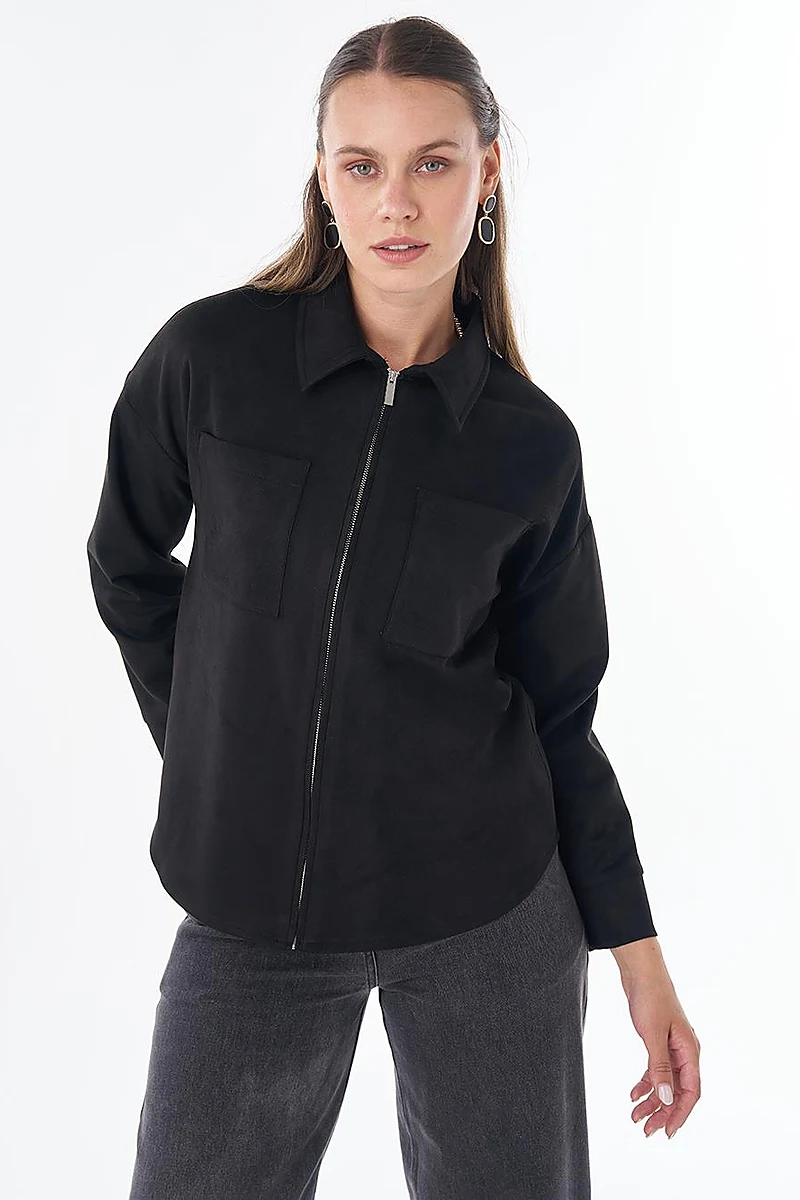 Shirt Collar Suede Blouse - Black