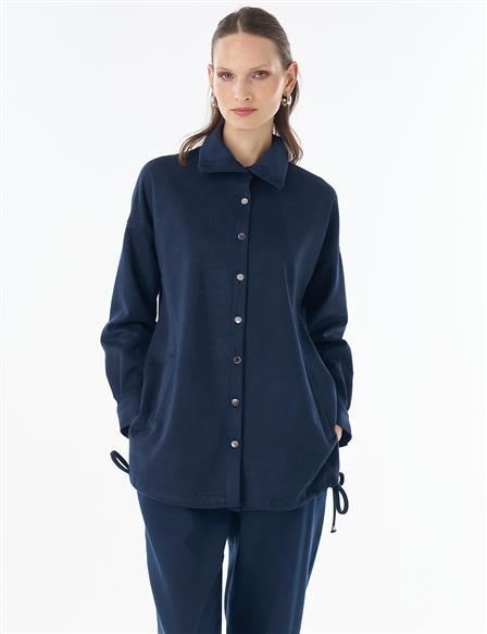 Stand Collar Suede Tunic - Dark Navy
