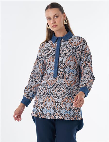 Denim-Trim Patterned Tunic - Indigo