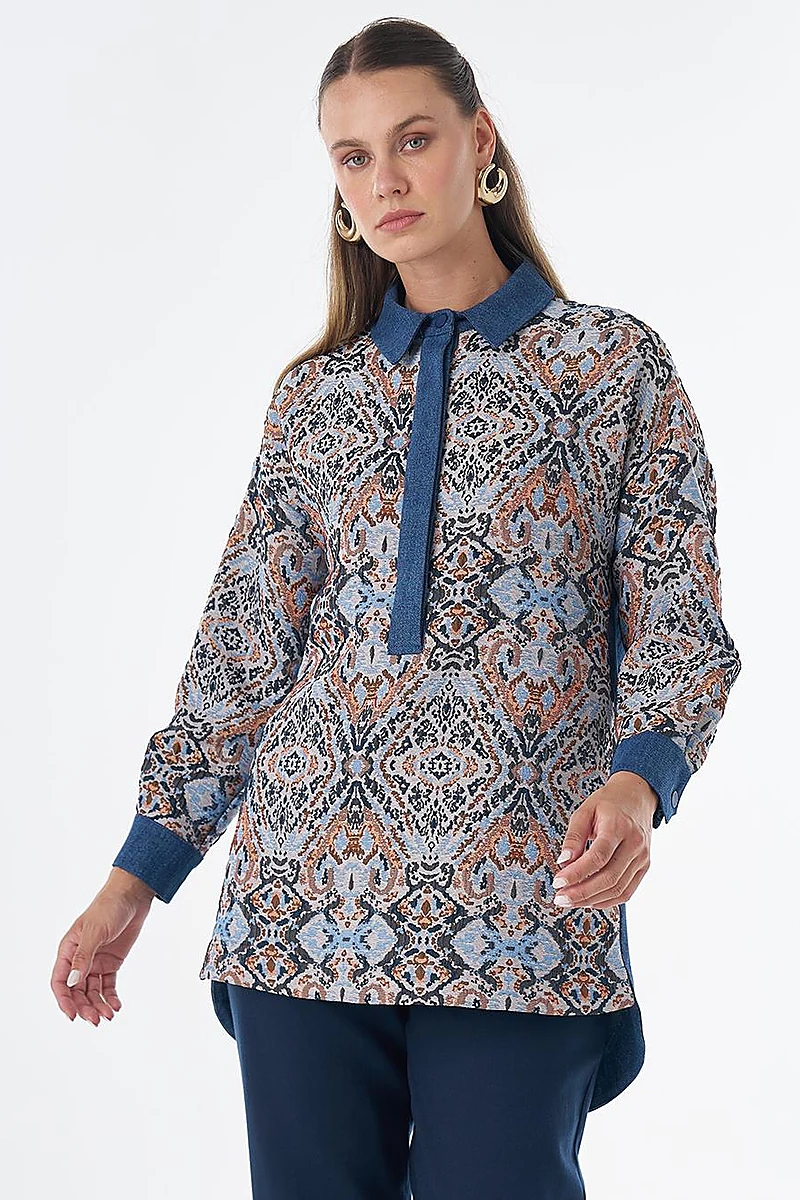 Denim-Trim Patterned Tunic - Indigo