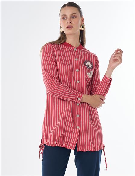 Embroidered Striped Tunic - Red