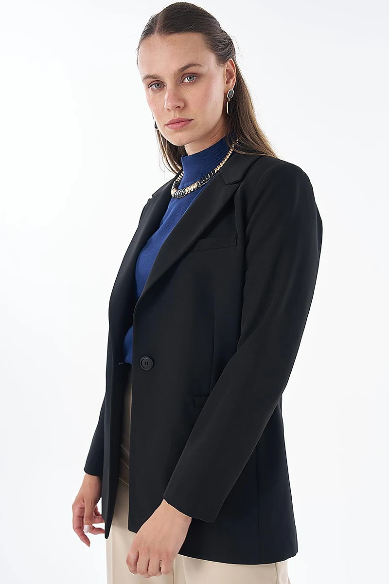 Single-Button Basic Blazer - Black