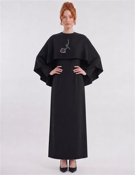 Cape Detailed Satin Dress – Black