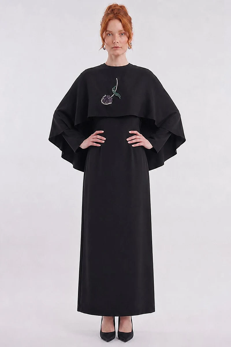 Cape Detailed Satin Dress – Black