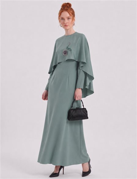 Cape Detailed Satin Dress – Moss Green