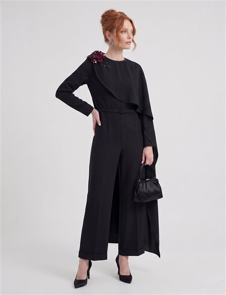 Elegant Embroidered Jumpsuit – Black