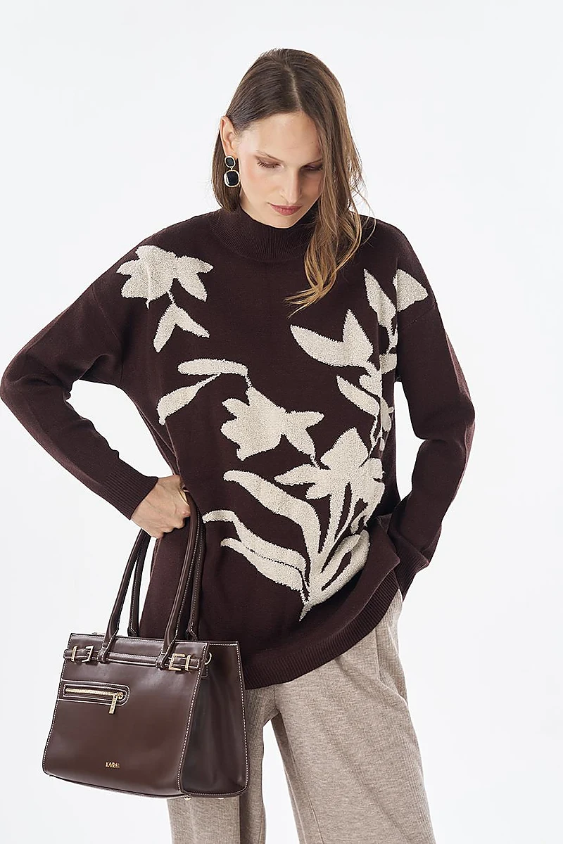 Leaf Pattern Knit Tunic – Dark Brown