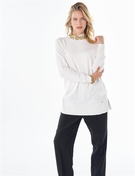 Half-Turtleneck Viscose Knit Tunic Ecru