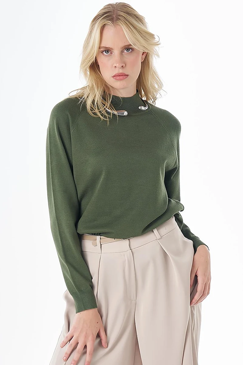Half-Turtleneck Viscose Knit Tunic Khaki