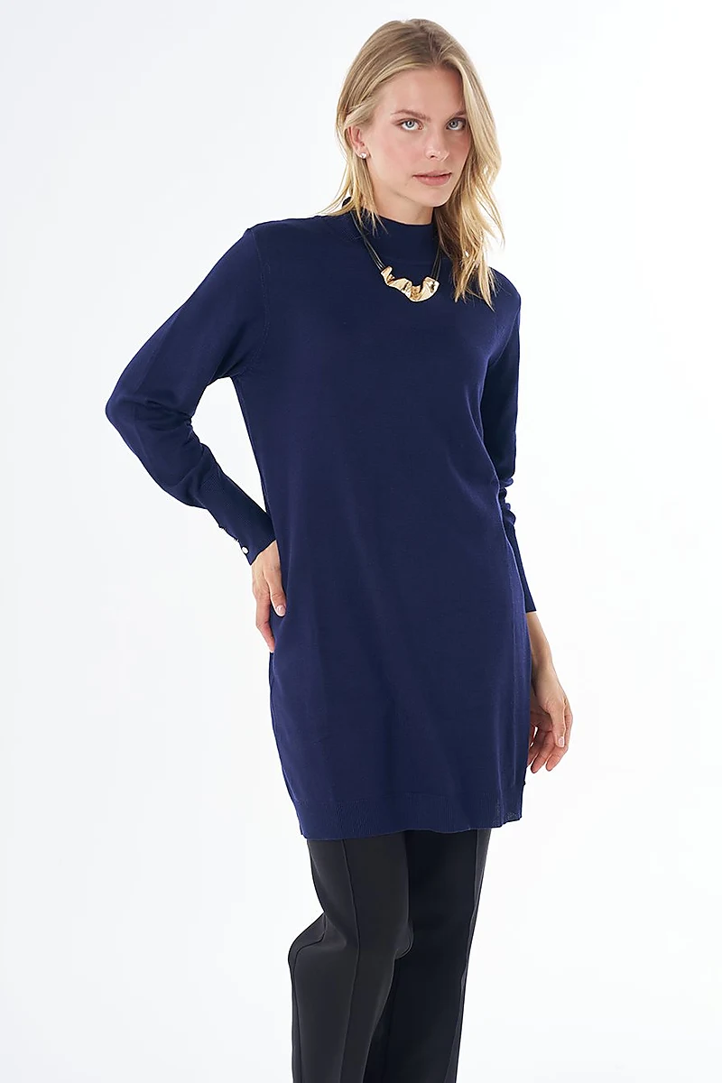 Turtleneck Basic Viscose Knit Tunic Navy Blue