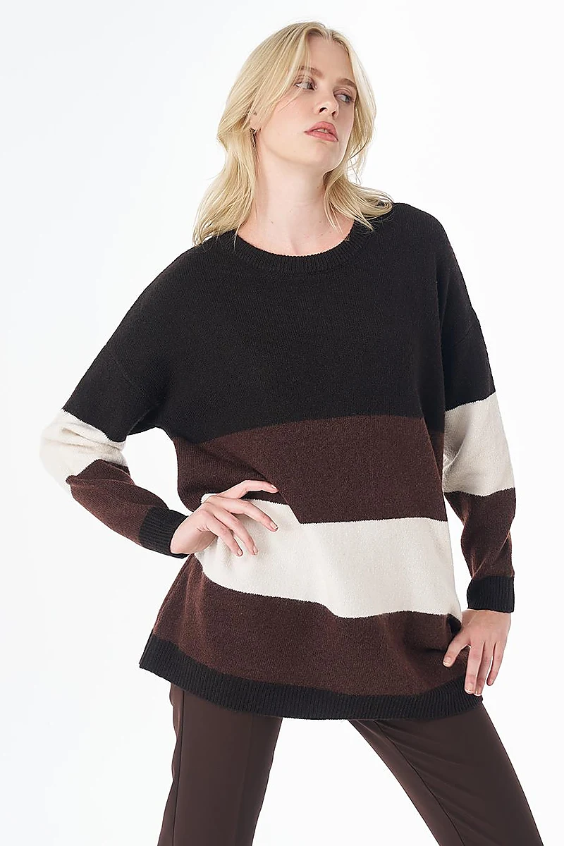 Contrast-Color Knit Tunic Brown