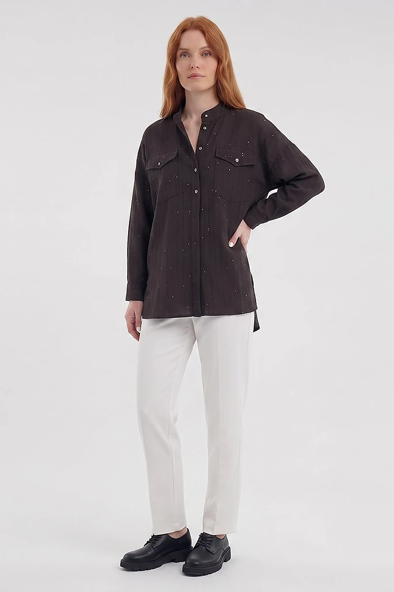 Double-Pocket Mandarin Collar Blouse Dark Brown