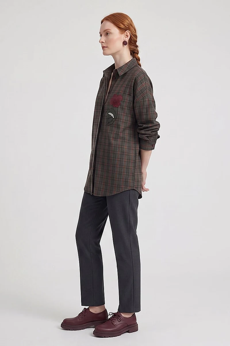 Plaid Pattern Embroidered Appliqué Tunic Khaki