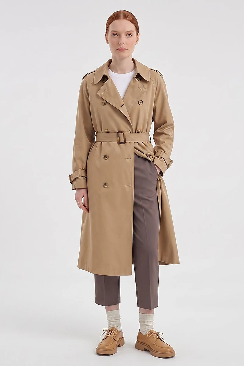 Buttoned Double-Breasted Trench Coat Beige