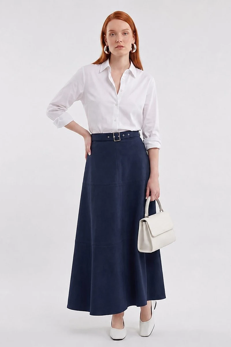 Panel-Seamed Suede Skirt Dark Navy