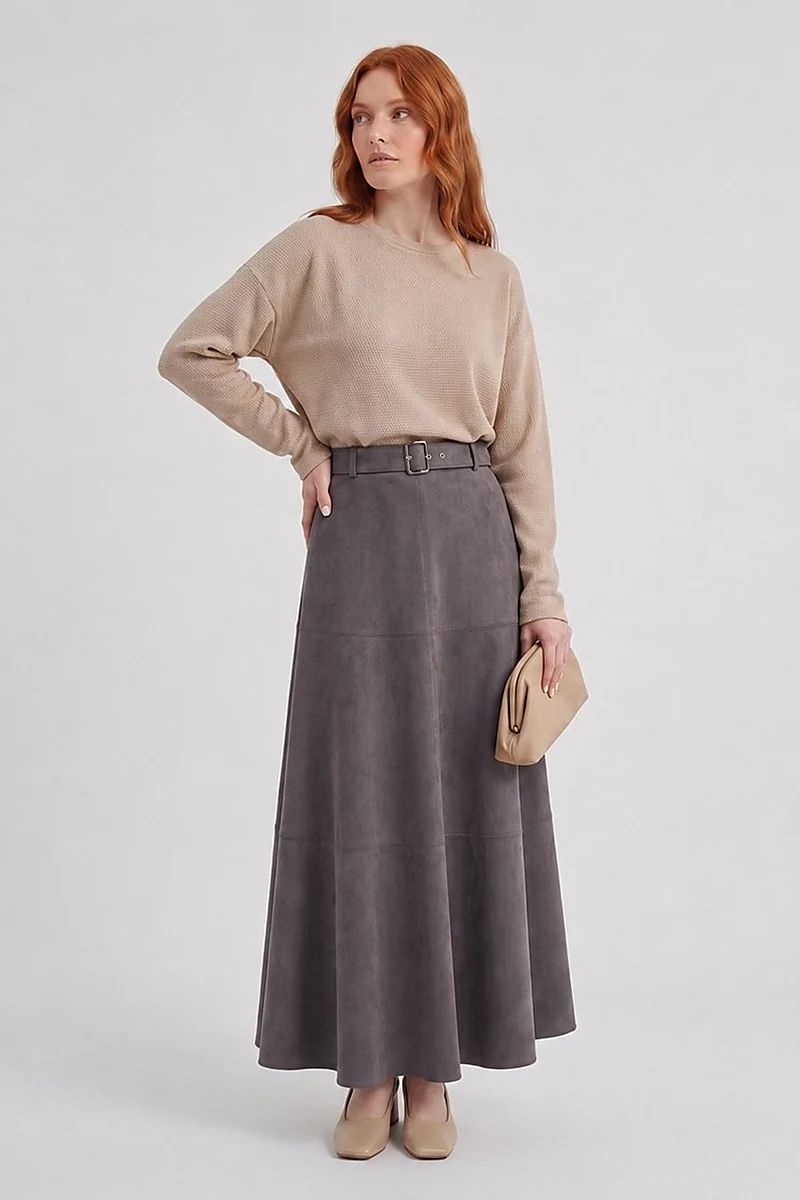 Panel-Seamed Suede Skirt Charcoal