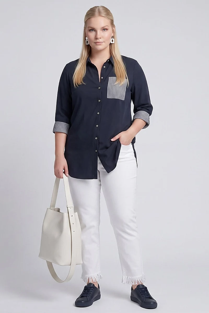 100% Lyocell Cuff Detail Tunic Dark Navy