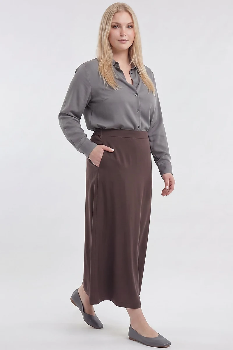 Elastic Waist Rayon Skirt Dark Brown