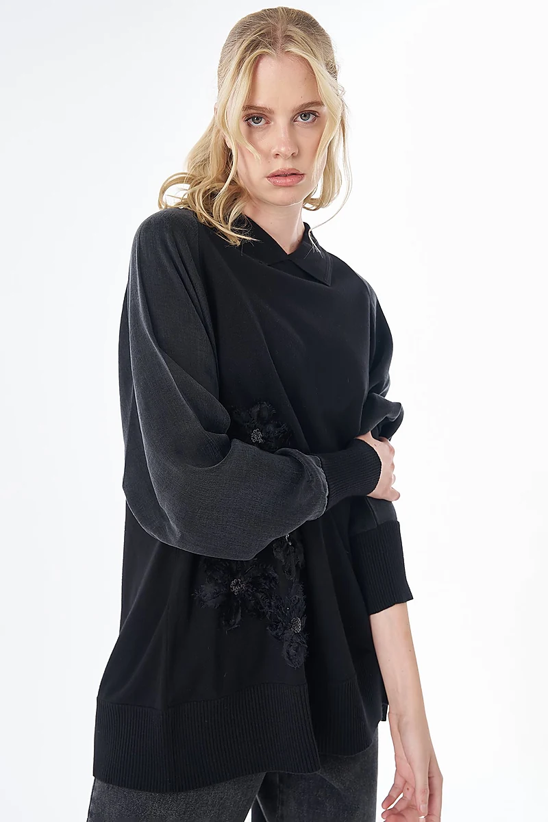 Embroidered Appliqué Knit Tunic Black