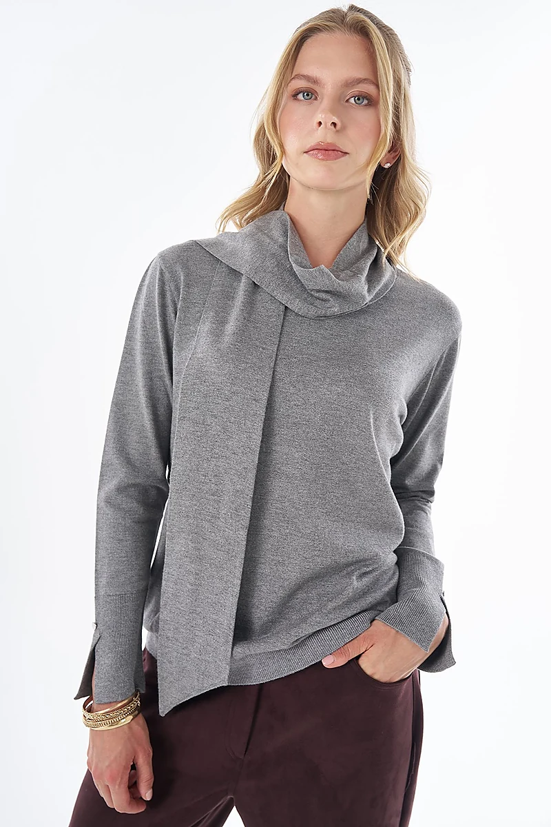 Shawl Collar Knit Blouse Dark Grey