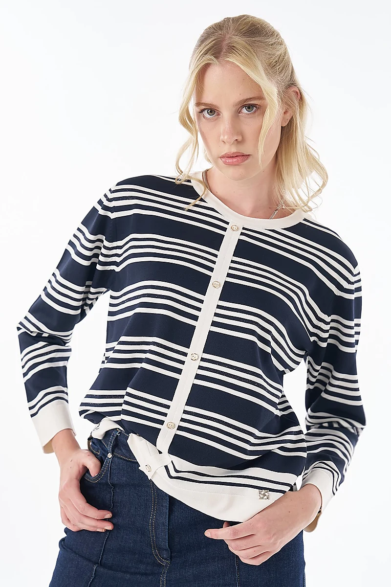 Striped Knit Blouse – Navy-Optical White
