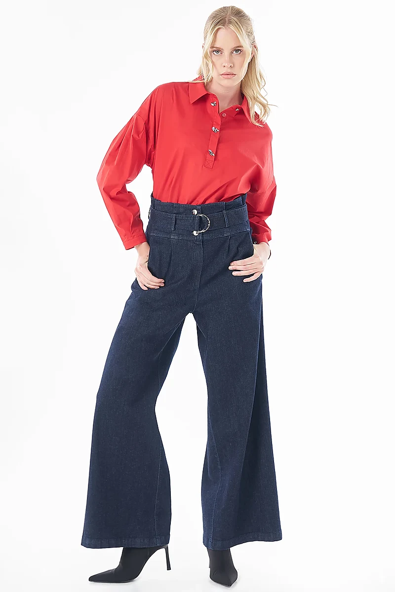 High-Waisted Denim Trousers Navy Blue
