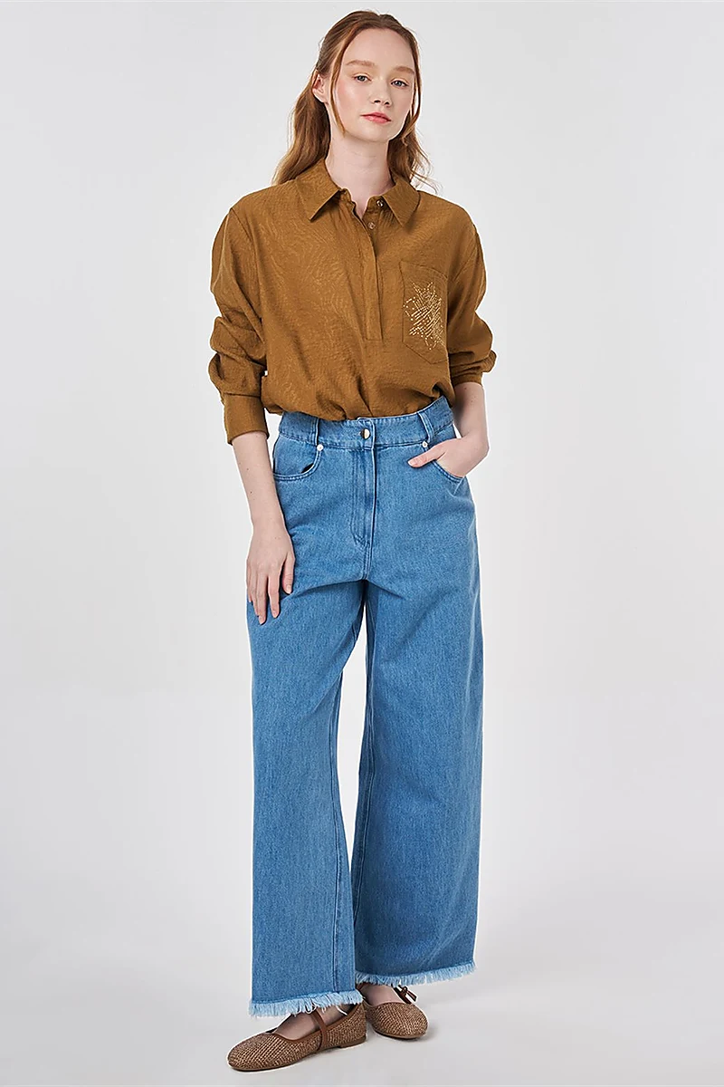 Washed Textured Denim Trousers Navy Blue 