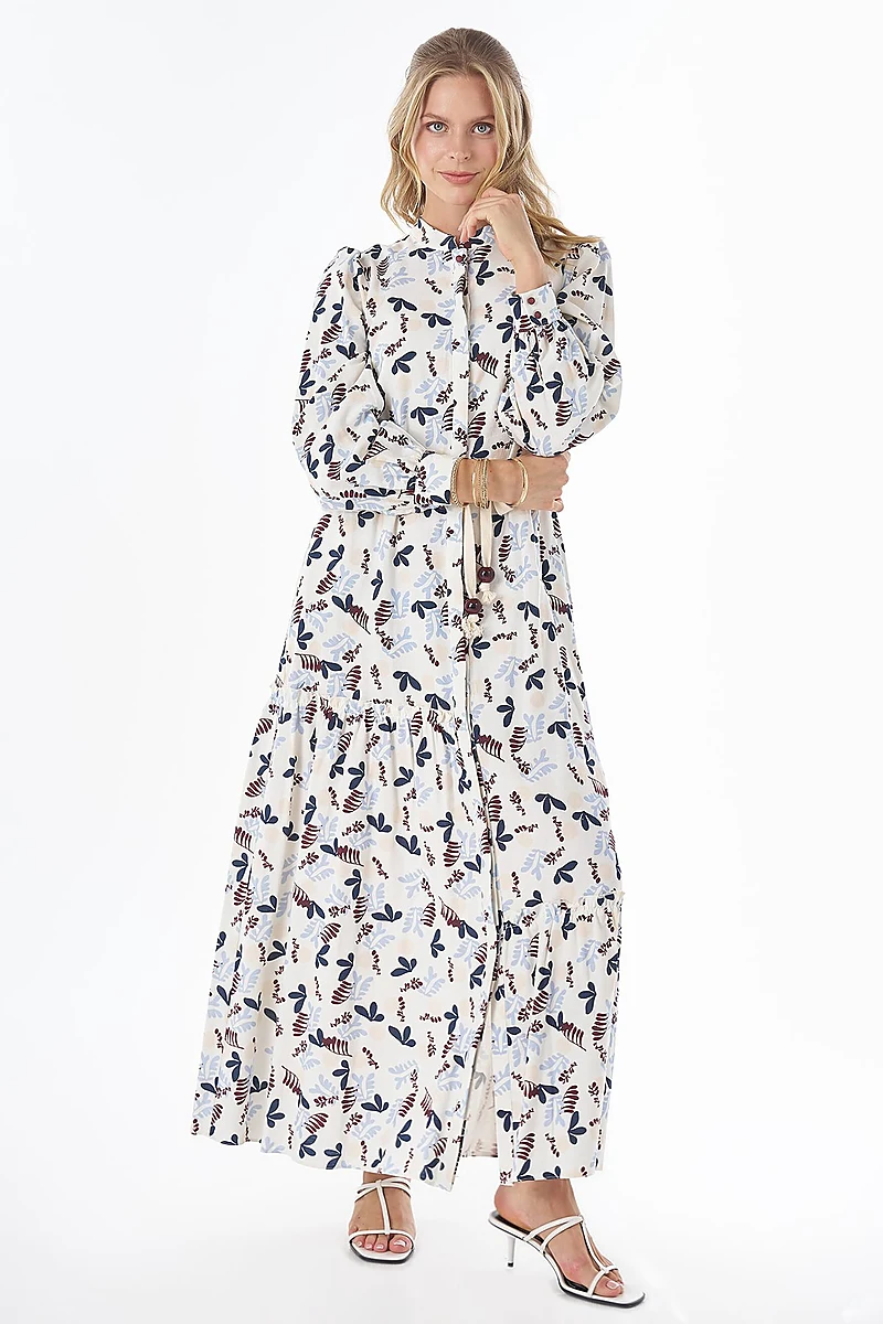 Patterned Cotton-Linen Maxi Dress Cream