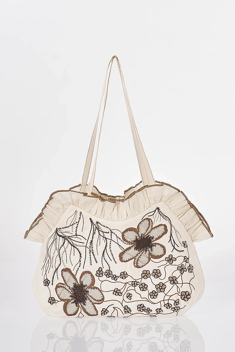 Embroidered Canvas Bag Stone Beige