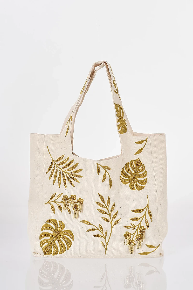 Leaf Pattern Canvas Bag Stone Beige