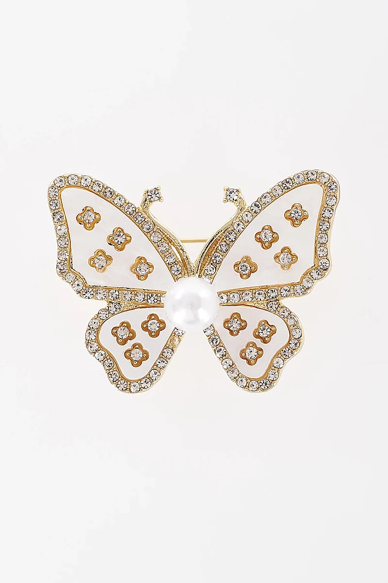 Pearl Detail Butterfly Brooch Silver