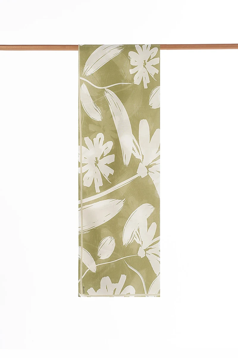 Floral Desen İpek Şal Matcha Yeşili