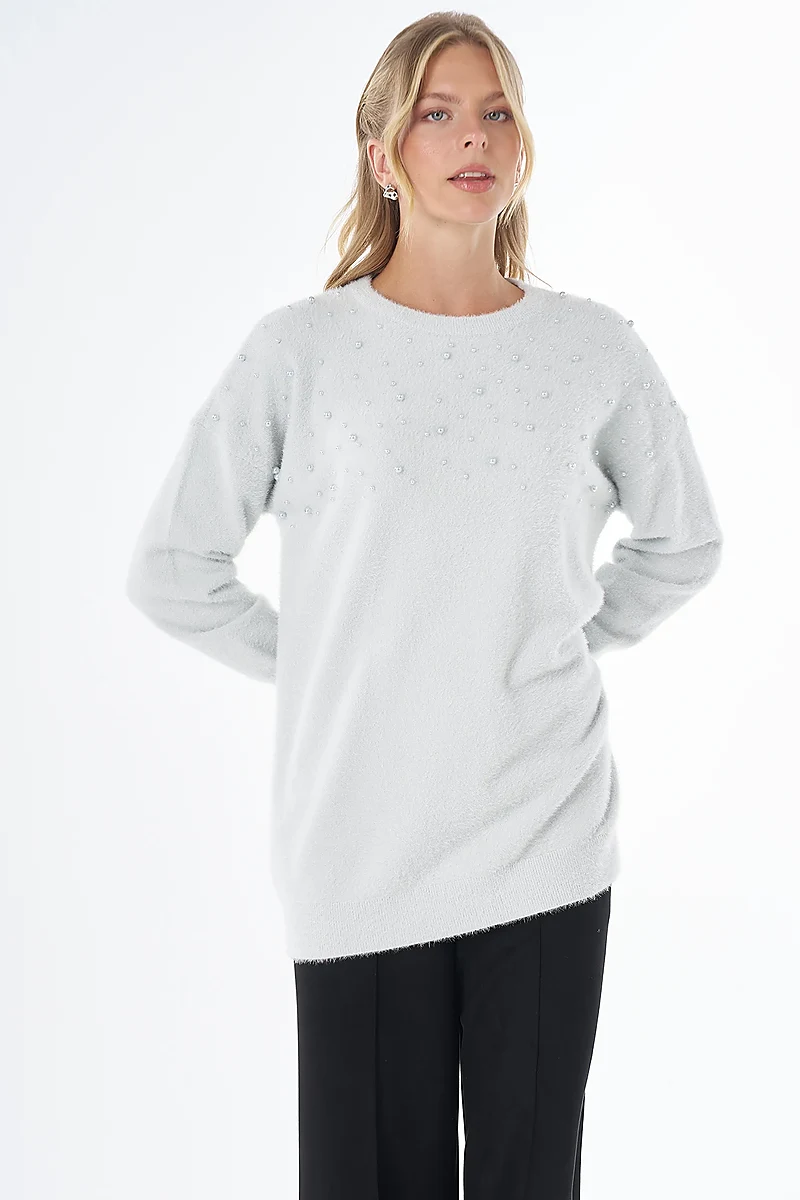 Pearl-Detail Knitted Tunic Blue
