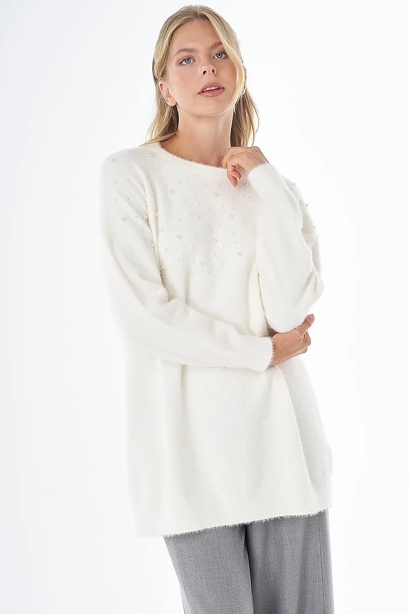 Pearl-Detail Knitted Tunic Ecru