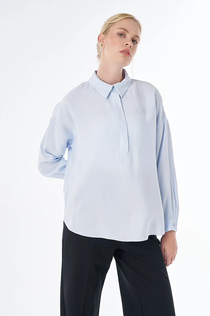 Half Placket Basic Blouse - Blue
