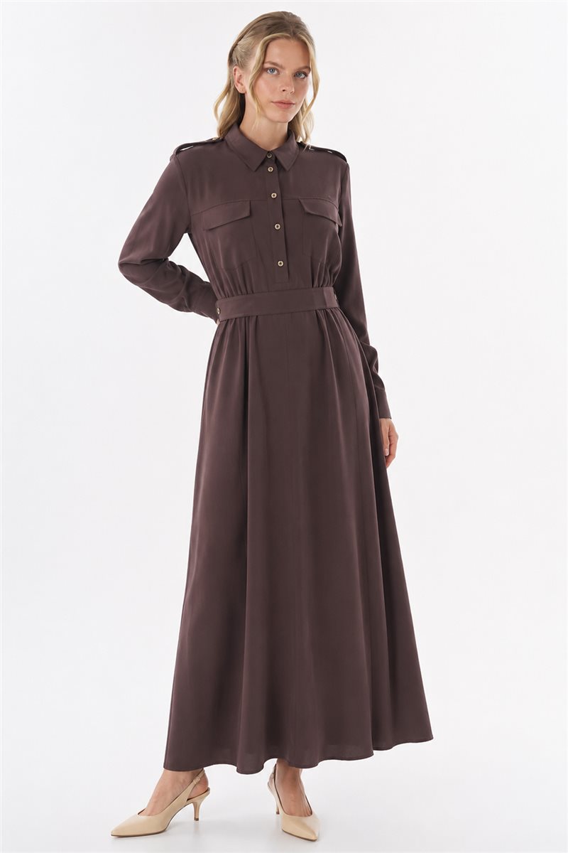 Shirt Collar Rayon Dress Dark Brown