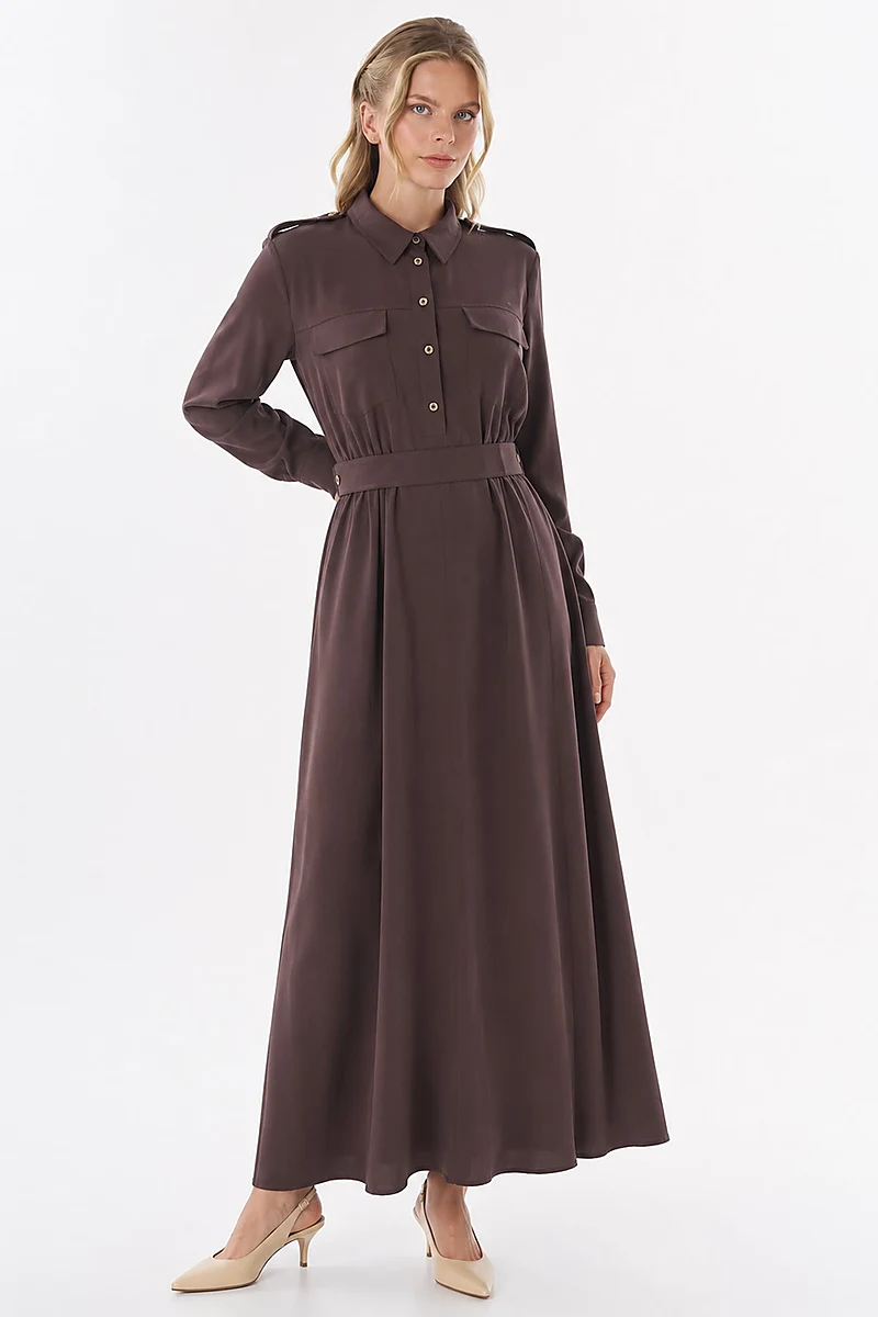 Shirt Collar Rayon Dress Dark Brown