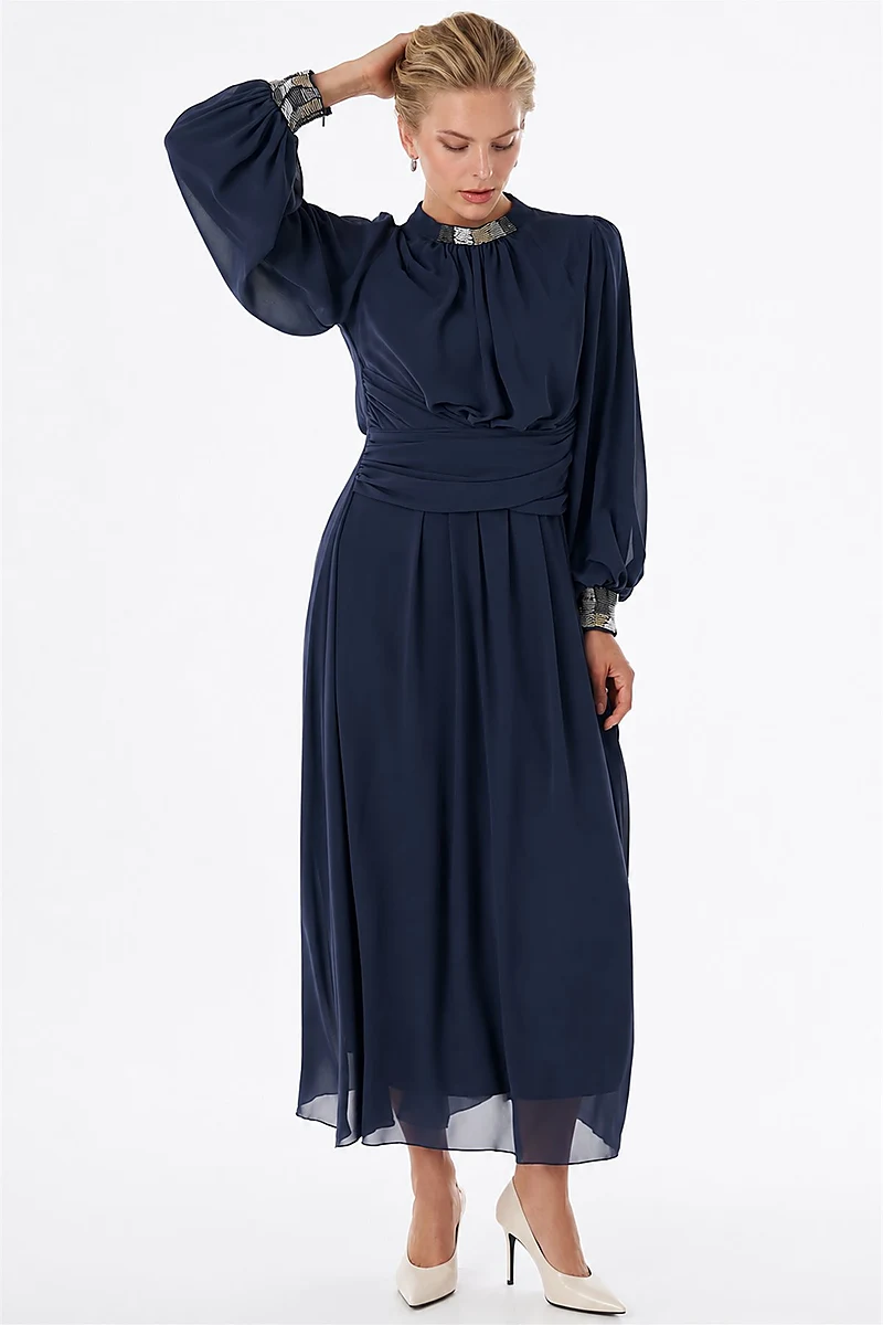 Waist-Detail Chiffon Dress Charcoal