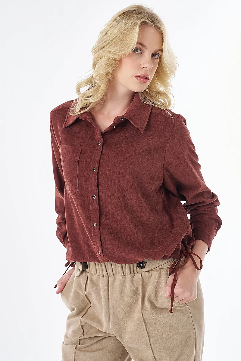 Shirt-Collar Velvet Blouse Terracotta