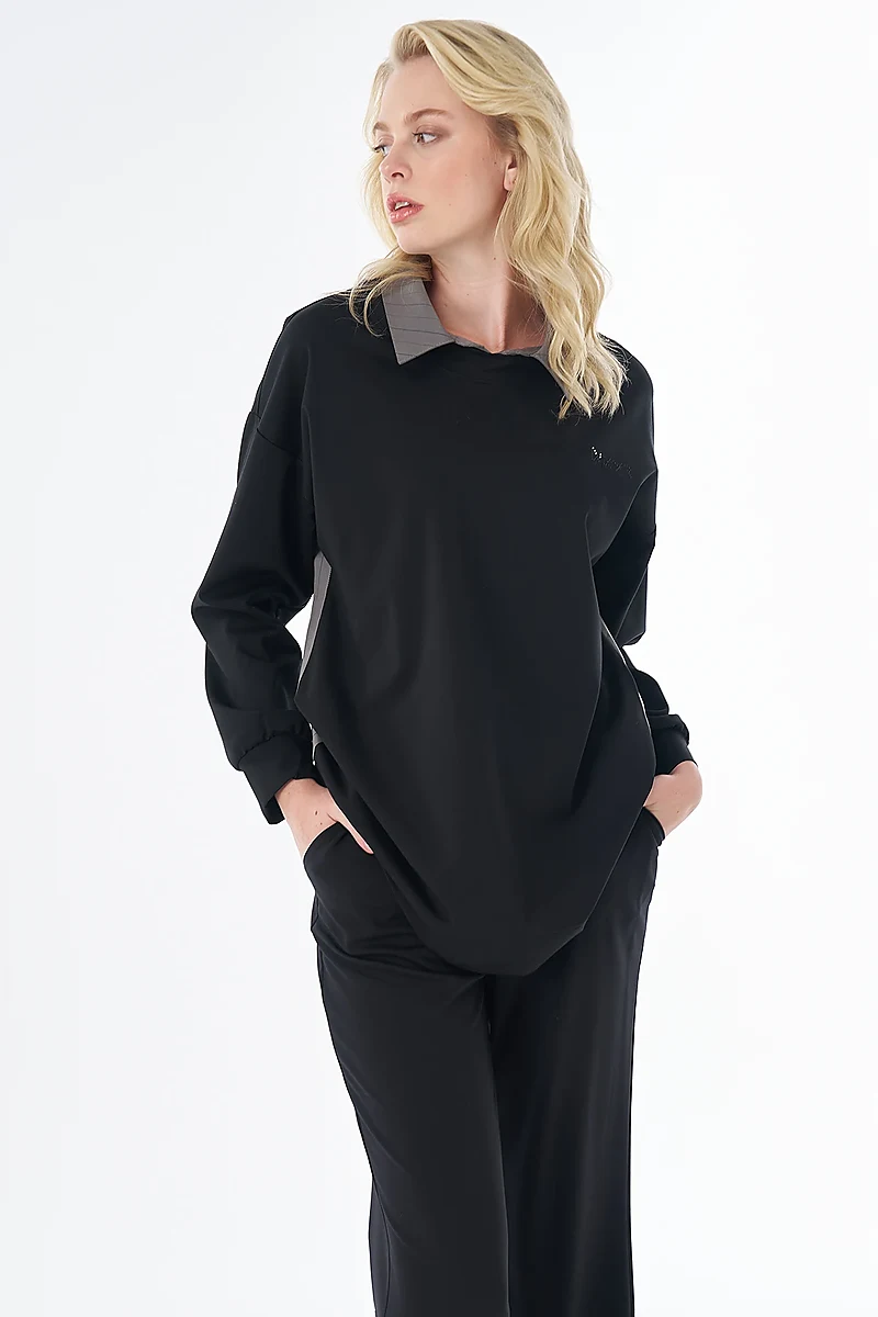 Ruffle Detail Rayon Sweatshirt Black