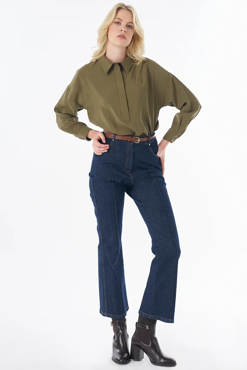 Washed Flared-Leg Denim Trousers Navy