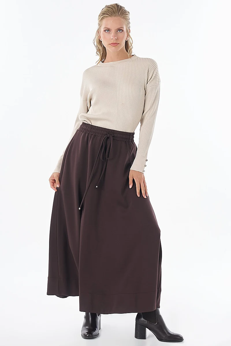 Bağcıklı Rayon Etek Kahve