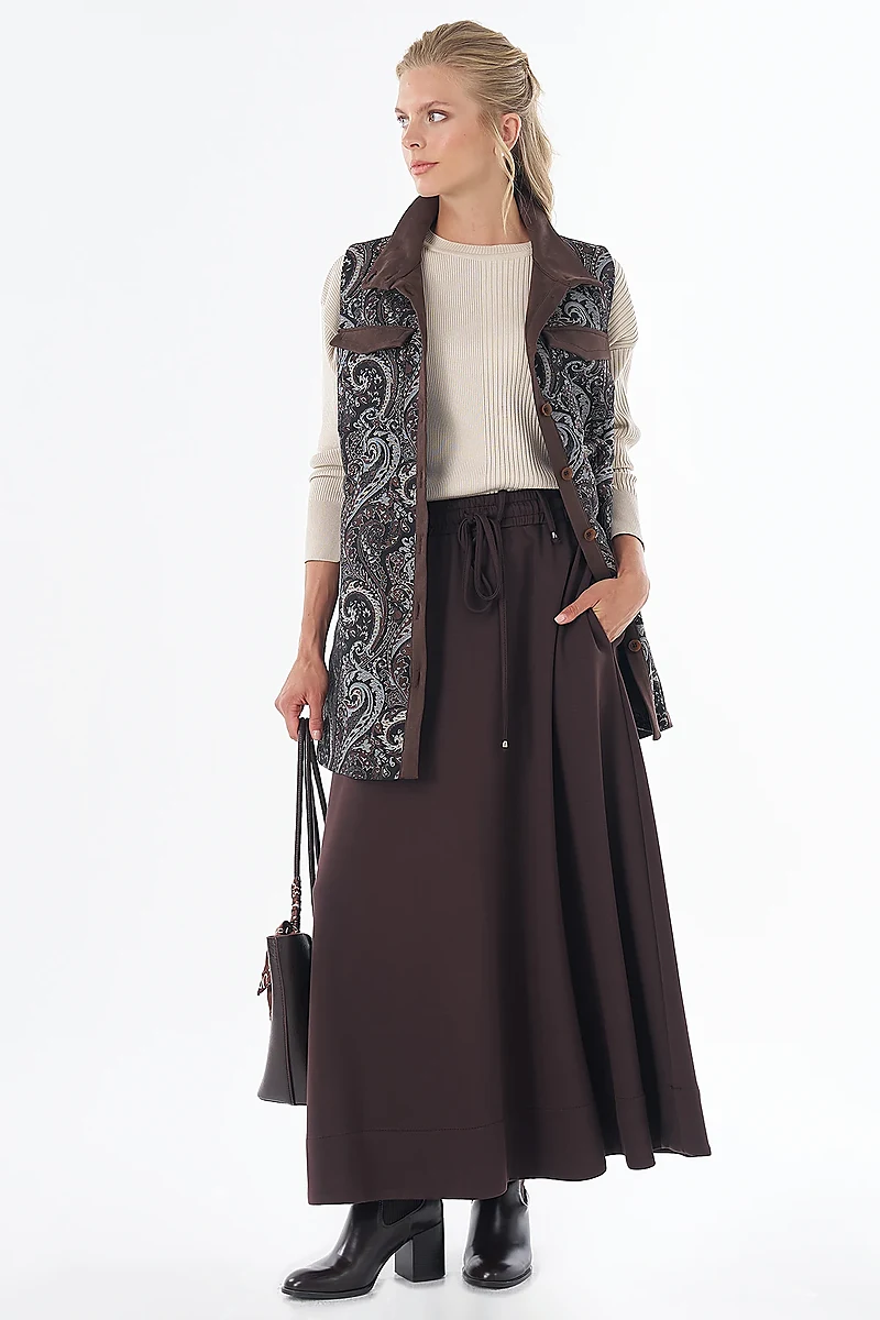 Shawl Pattern Stand Collar Vest Brown