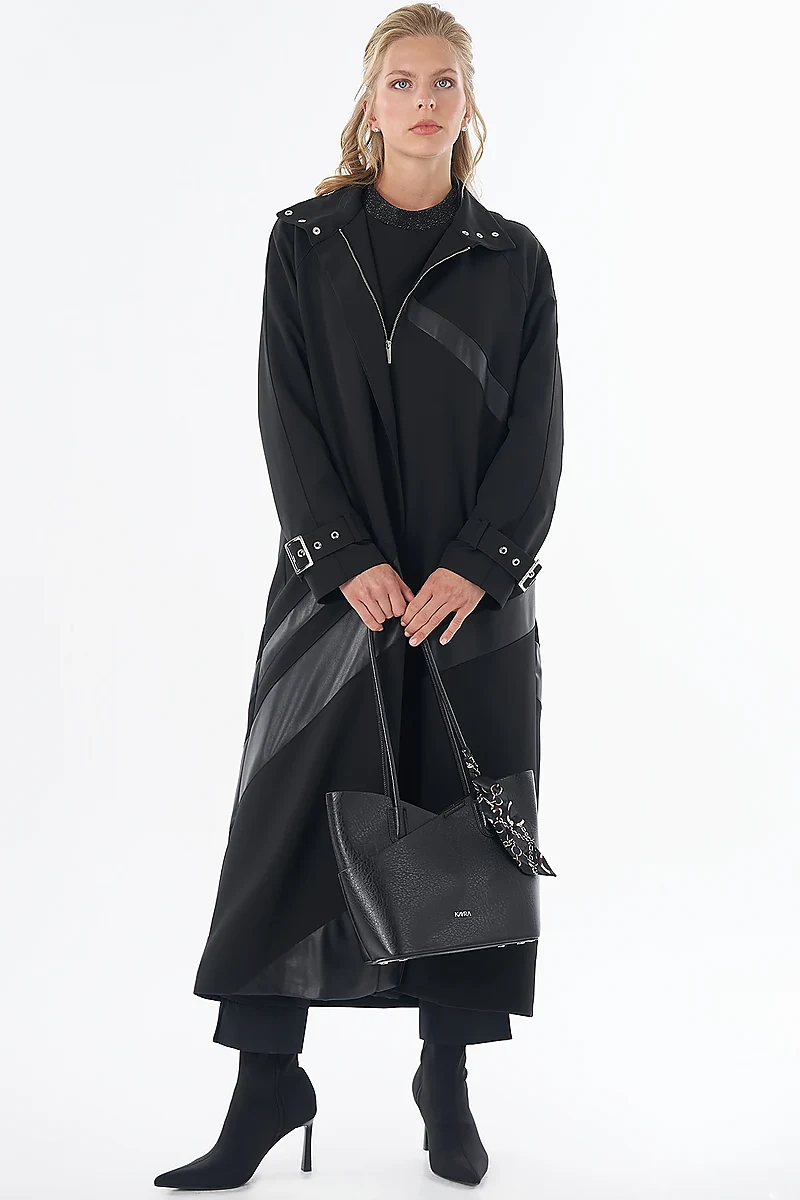 Stand Collar Contrast Detail Coat Black