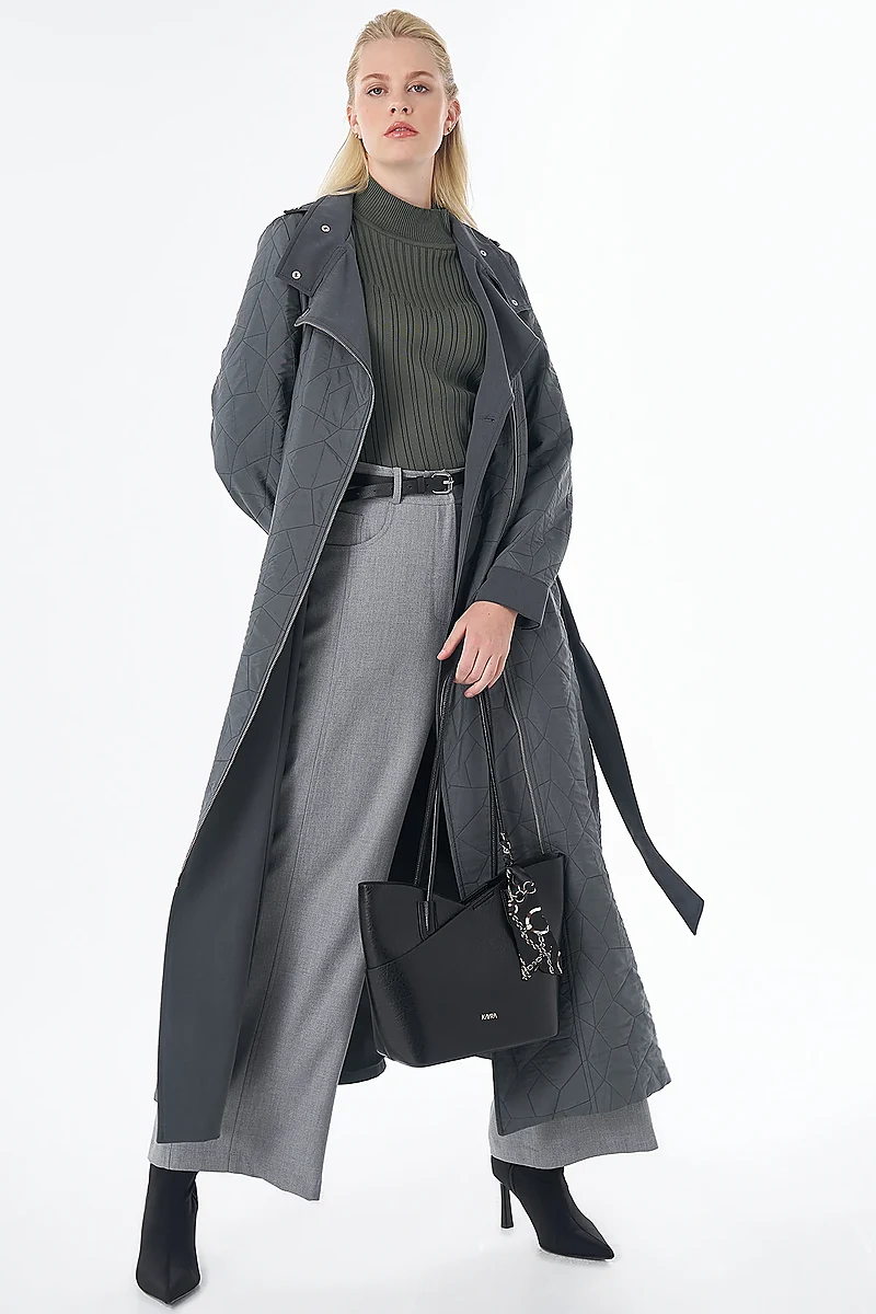 Quilted Pattern Stand Collar Coat Charcoal