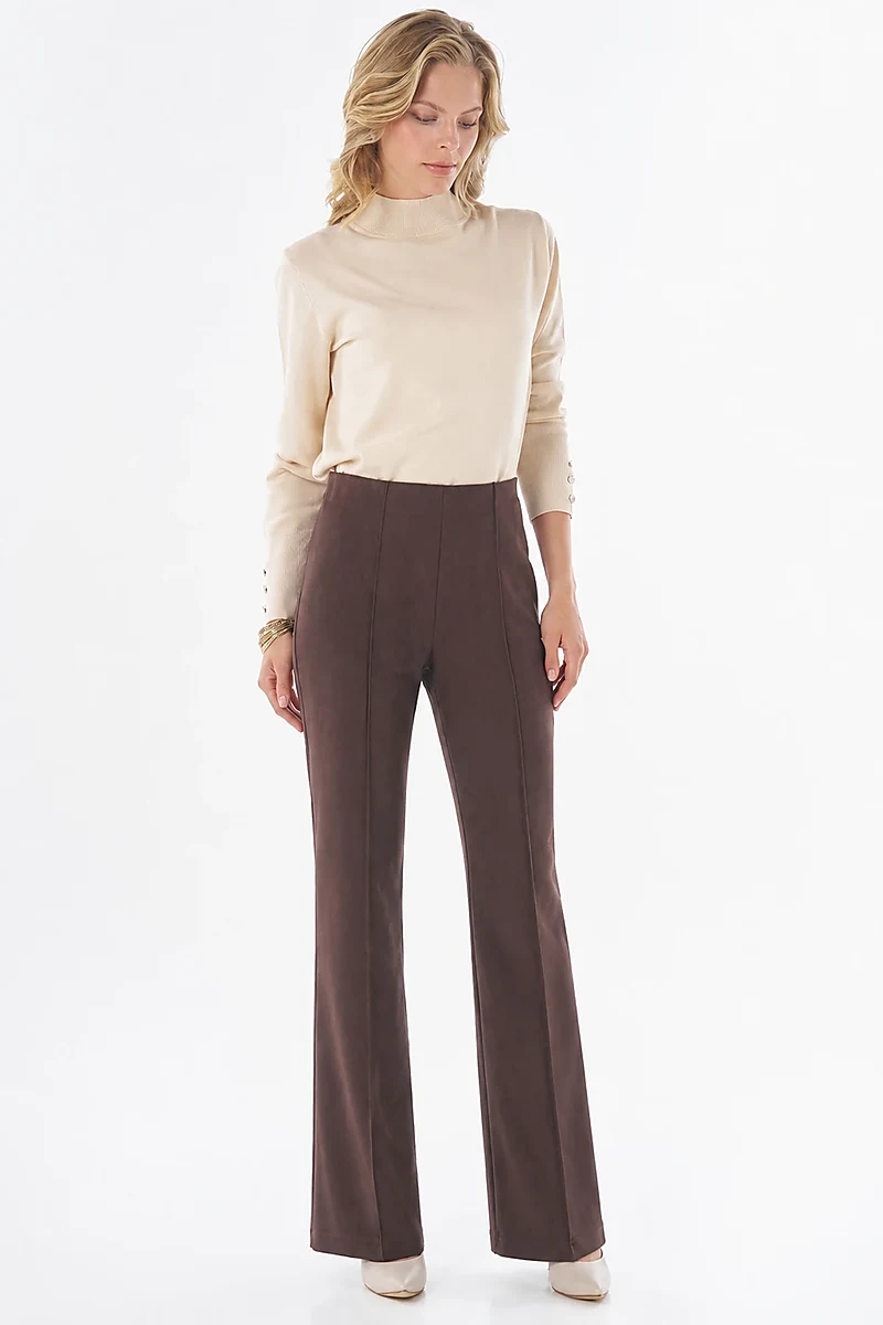 Çima Dikişli Flare Fit Süet Pantolon Kahve