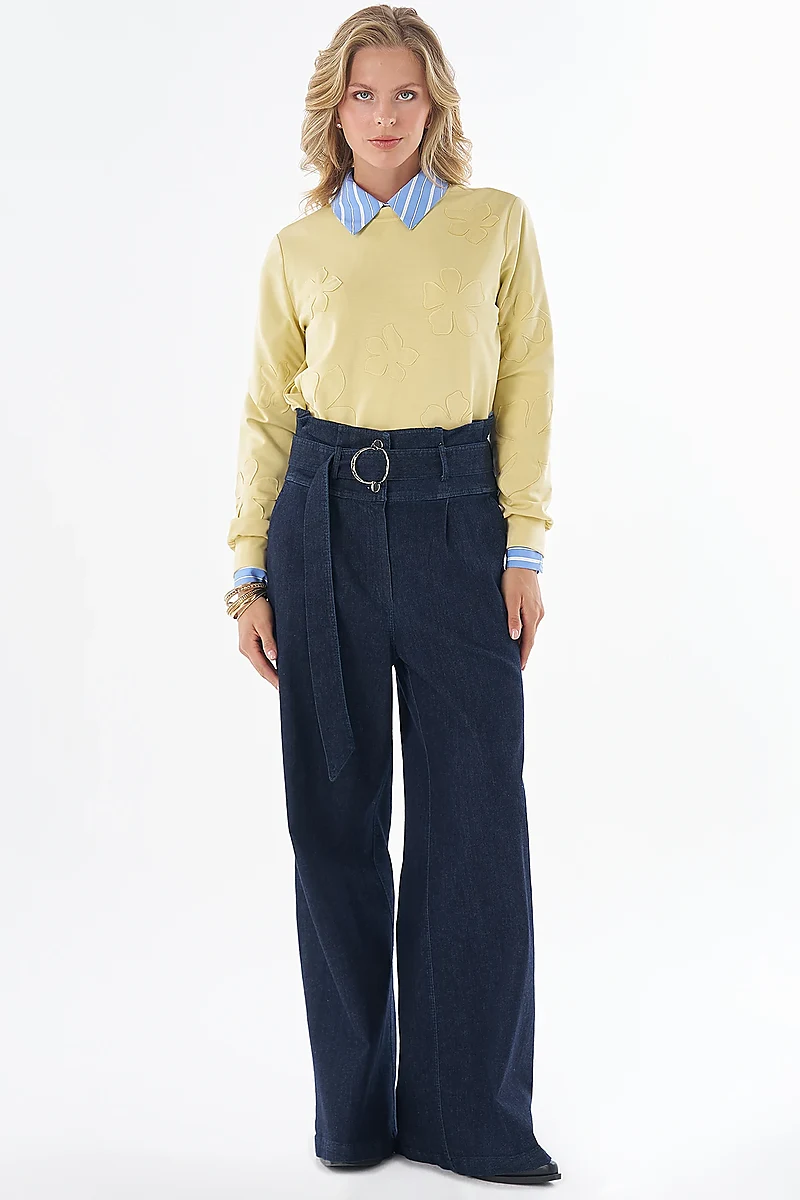 High-Waisted Denim Trousers Navy Blue